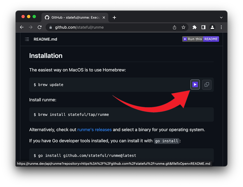Runme Link in Code Sections